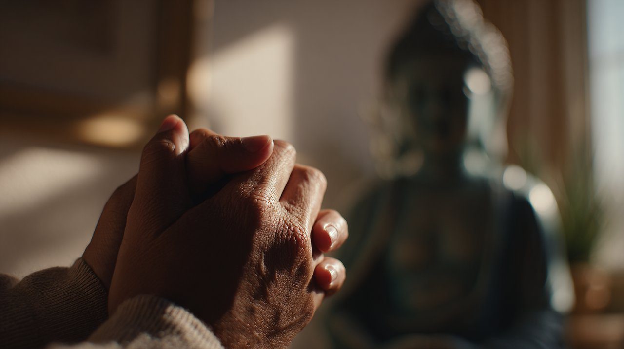 Photorealistic image of a person meditating with a Buddha statue in the background.
