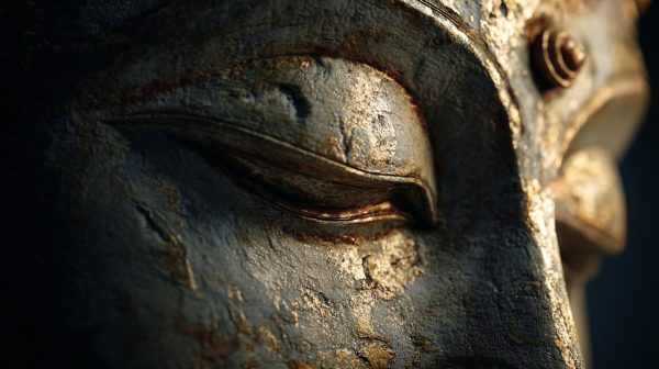 Photorealistic image of a Buddha statue with a prominent urna on its forehead.