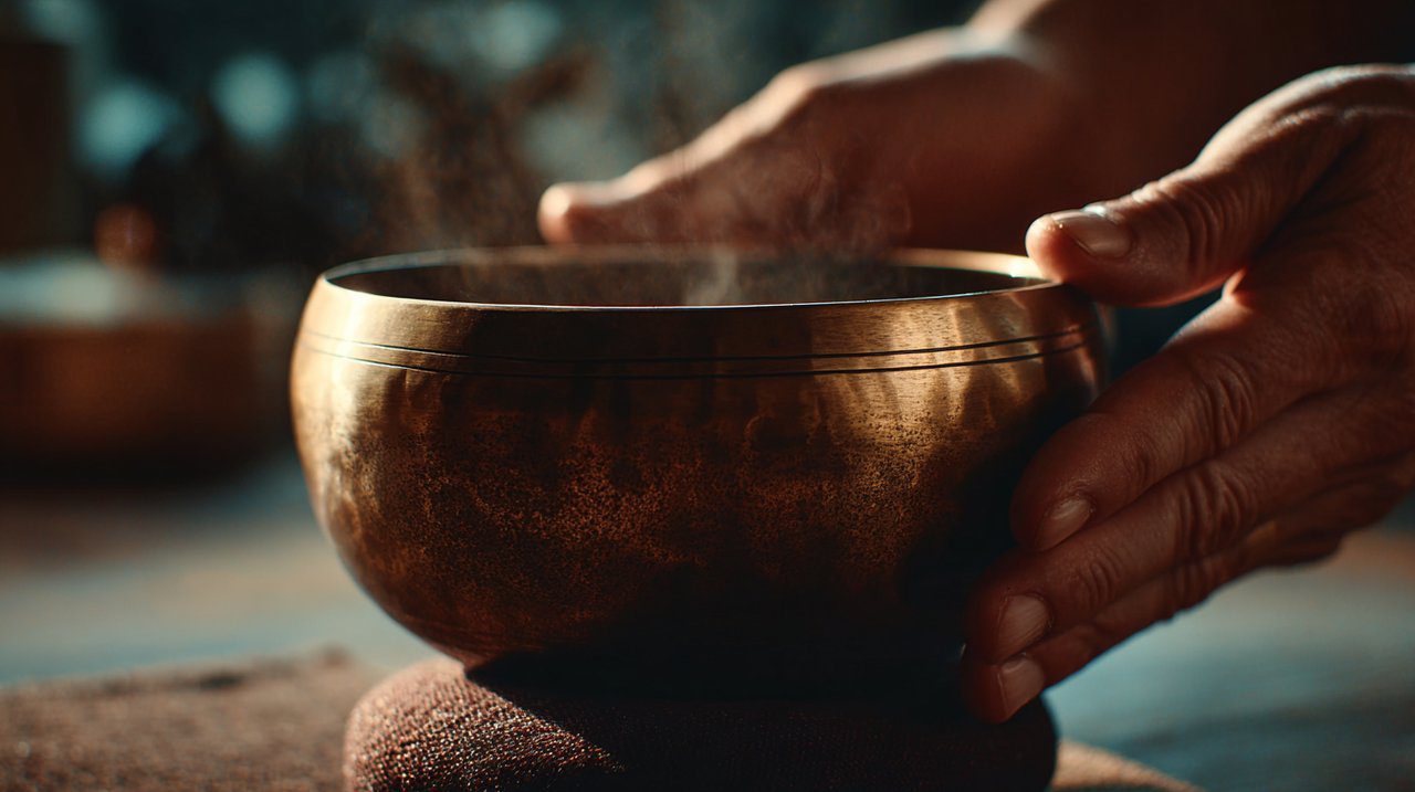 A person's hands gently striking a beautiful brass Buddhist bowl bell in a serene setting.