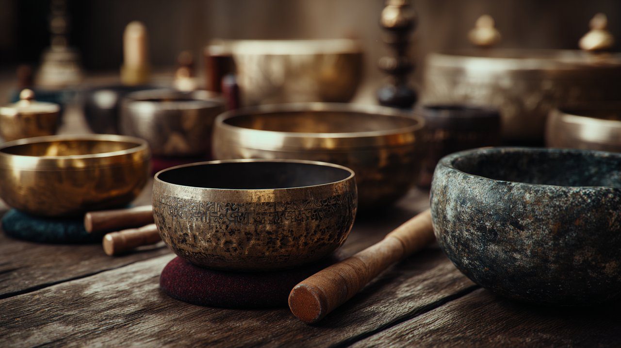An assortment of Buddhist singing bowls of various sizes and materials on a natural wooden surface.