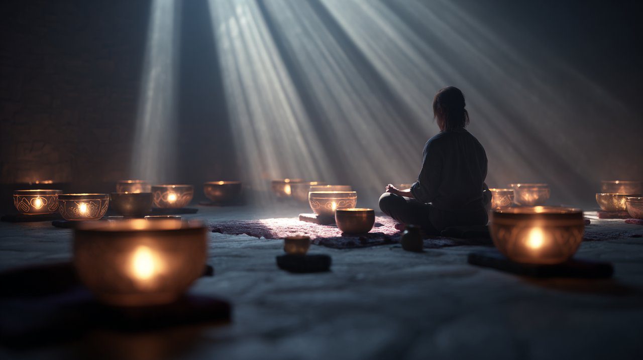 A serene sound bath experience with a person surrounded by glowing Tibetan singing bowls.