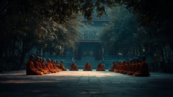 Buddhist monks meditating in a temple courtyard at dawn.