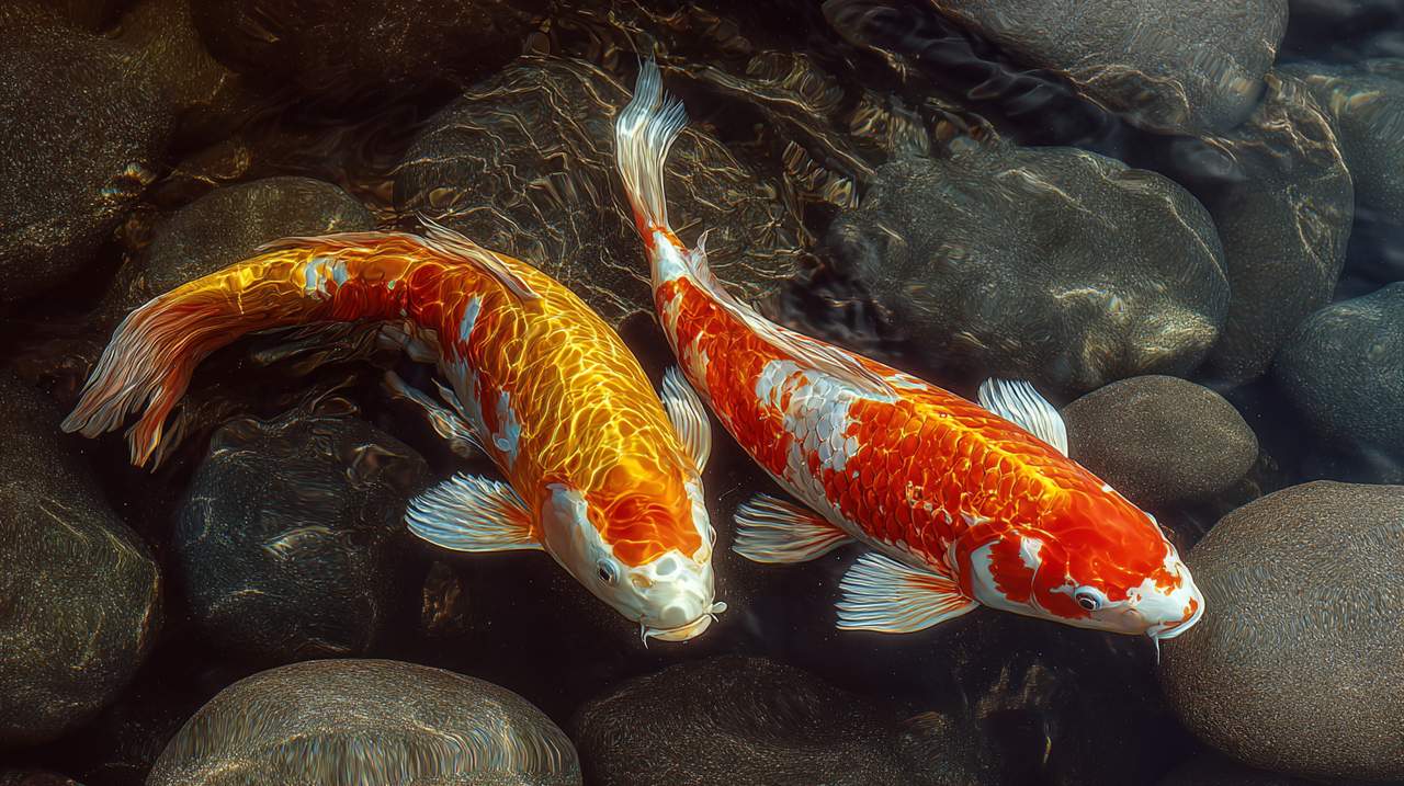 Vibrant koi fish swimming against a current, symbolizing enduring strength.