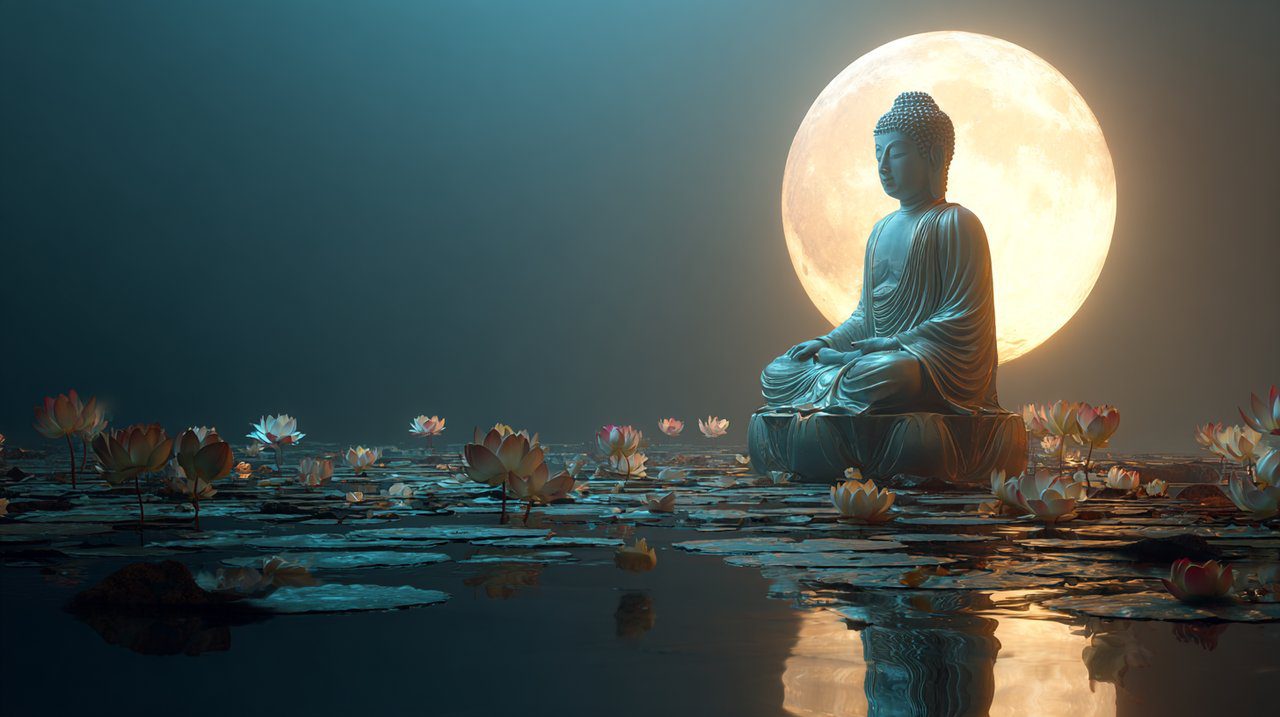 Serene Buddha statue under a full moon with lotus flowers.