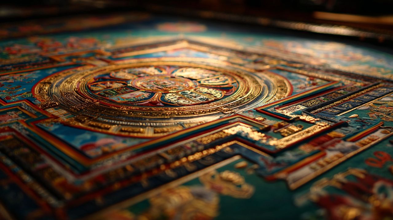 A vibrant Tibetan thangka painting with intricate deities.