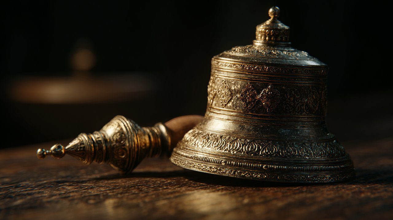 A close-up of a golden Buddhist Ghanta and Dorje, symbolizing wisdom and skillful means.