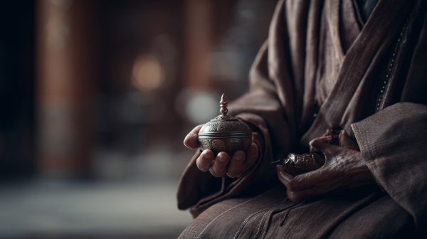Hands of a Buddhist practitioner holding a Ghanta and Dorje during meditation.