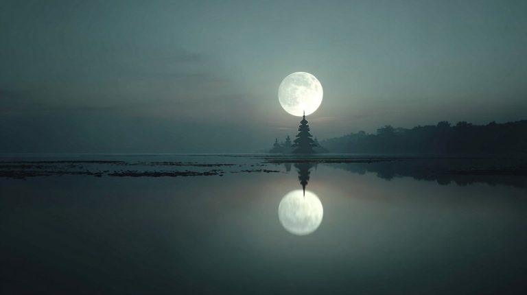 Serene full moon reflected on calm water with distant Buddhist temple