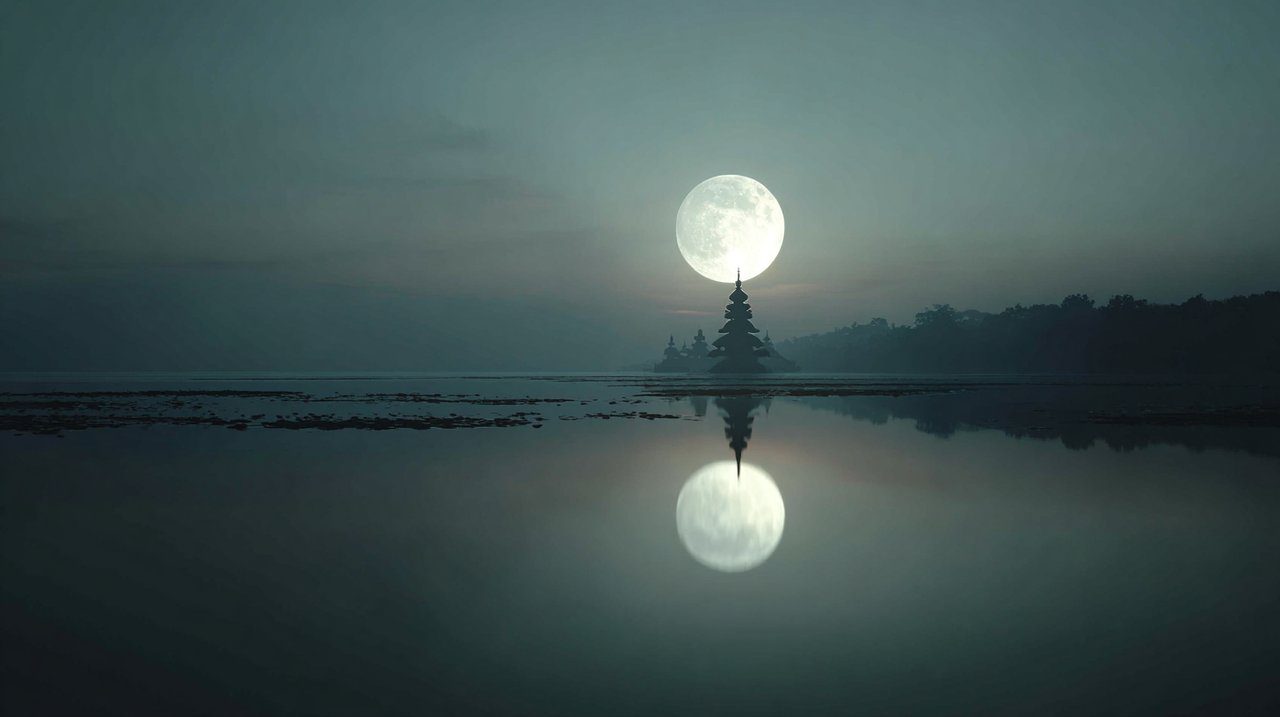 Serene full moon reflected on calm water with distant Buddhist temple