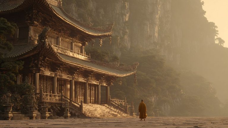 A serene Buddhist temple at dawn in misty mountains, symbolizing ancient rhythms.