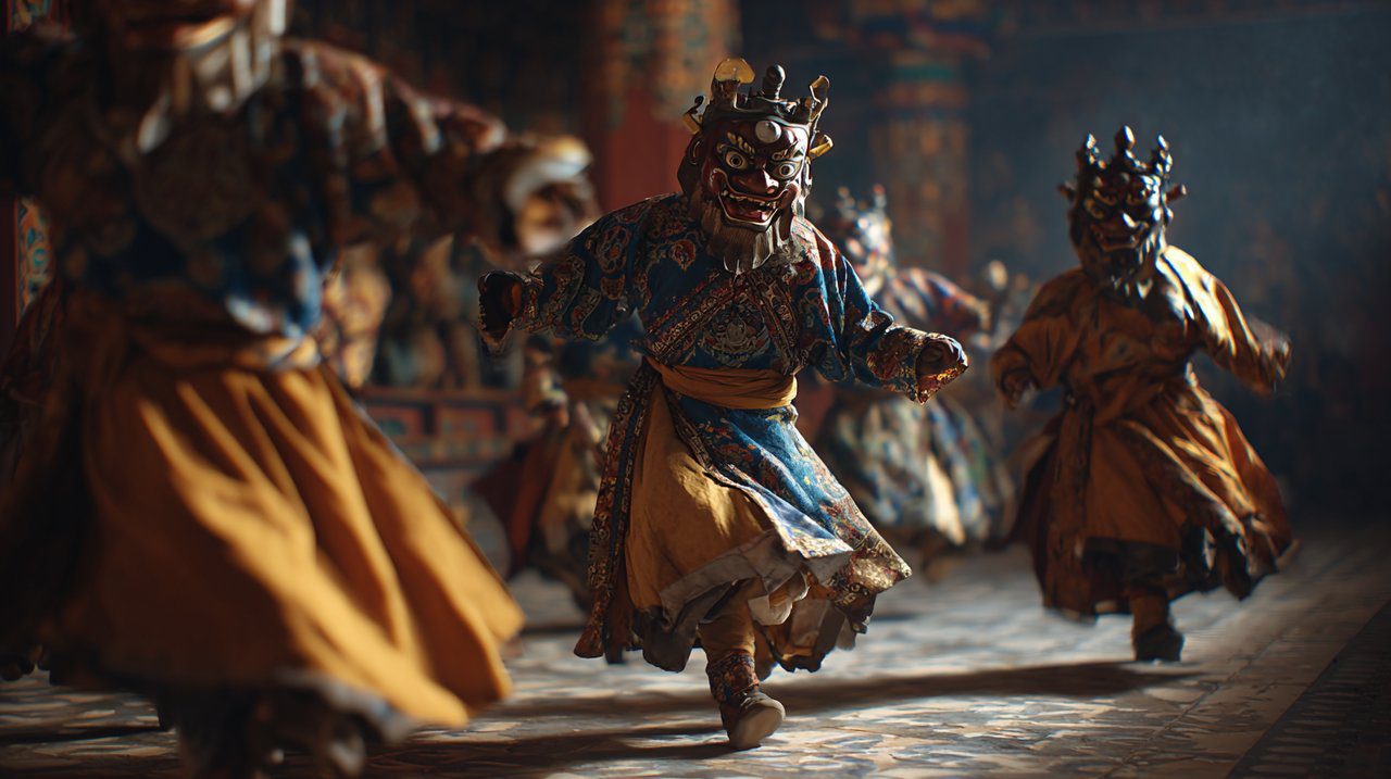 Monks performing a Cham dance with elaborate masks.