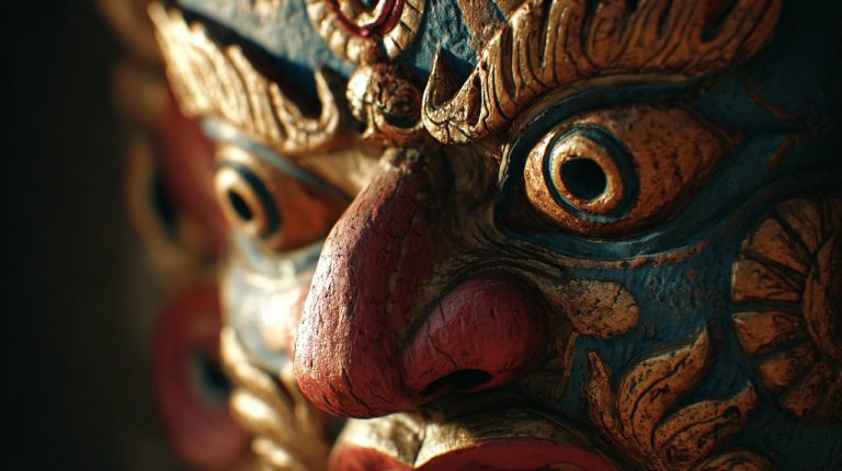 An intricately carved Buddhist mask with vibrant colors.