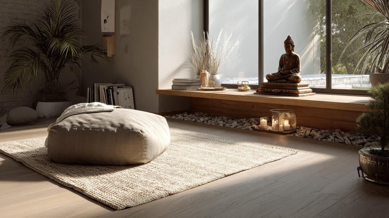 A peaceful meditation corner with a minimalist Buddhist shrine.