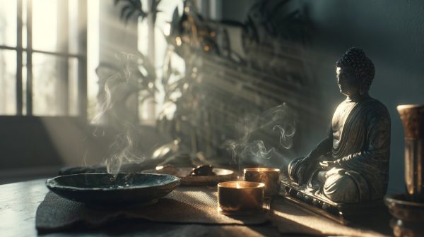 A serene Buddhist home shrine with a Buddha statue and offerings.