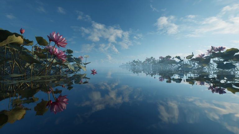 Still lake reflecting sky with subtle Buddhist symbols