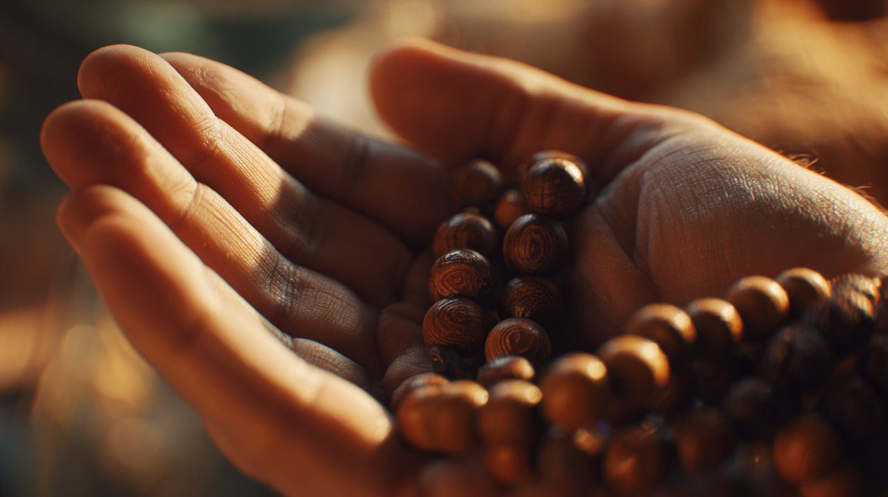 Hands holding mala beads for meditation