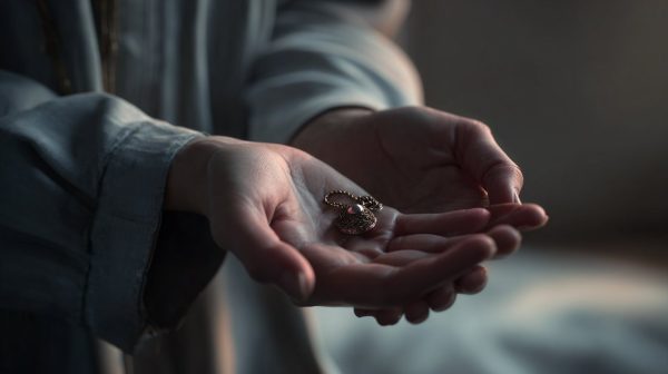 A person holding a symbolic amulet, representing inner peace and psychological anchoring.