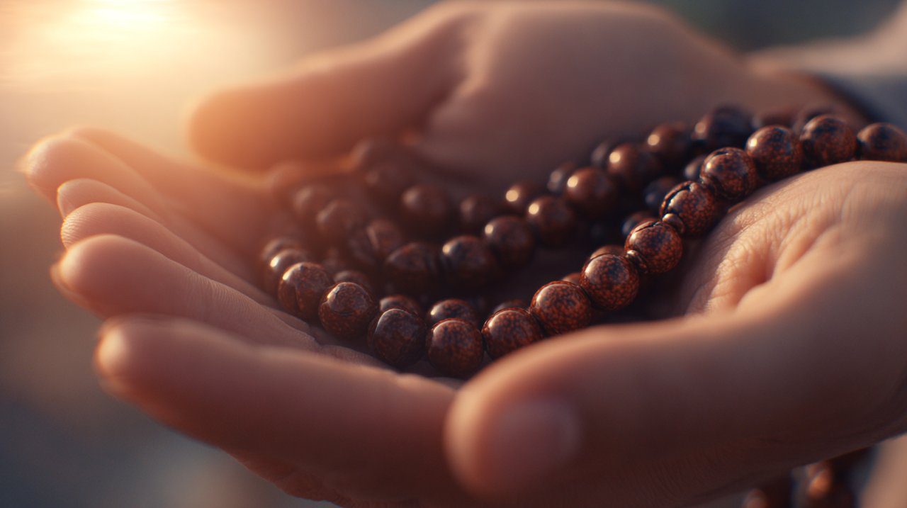 Hands gently holding mala beads during meditation, symbolizing spiritual practice and focus.