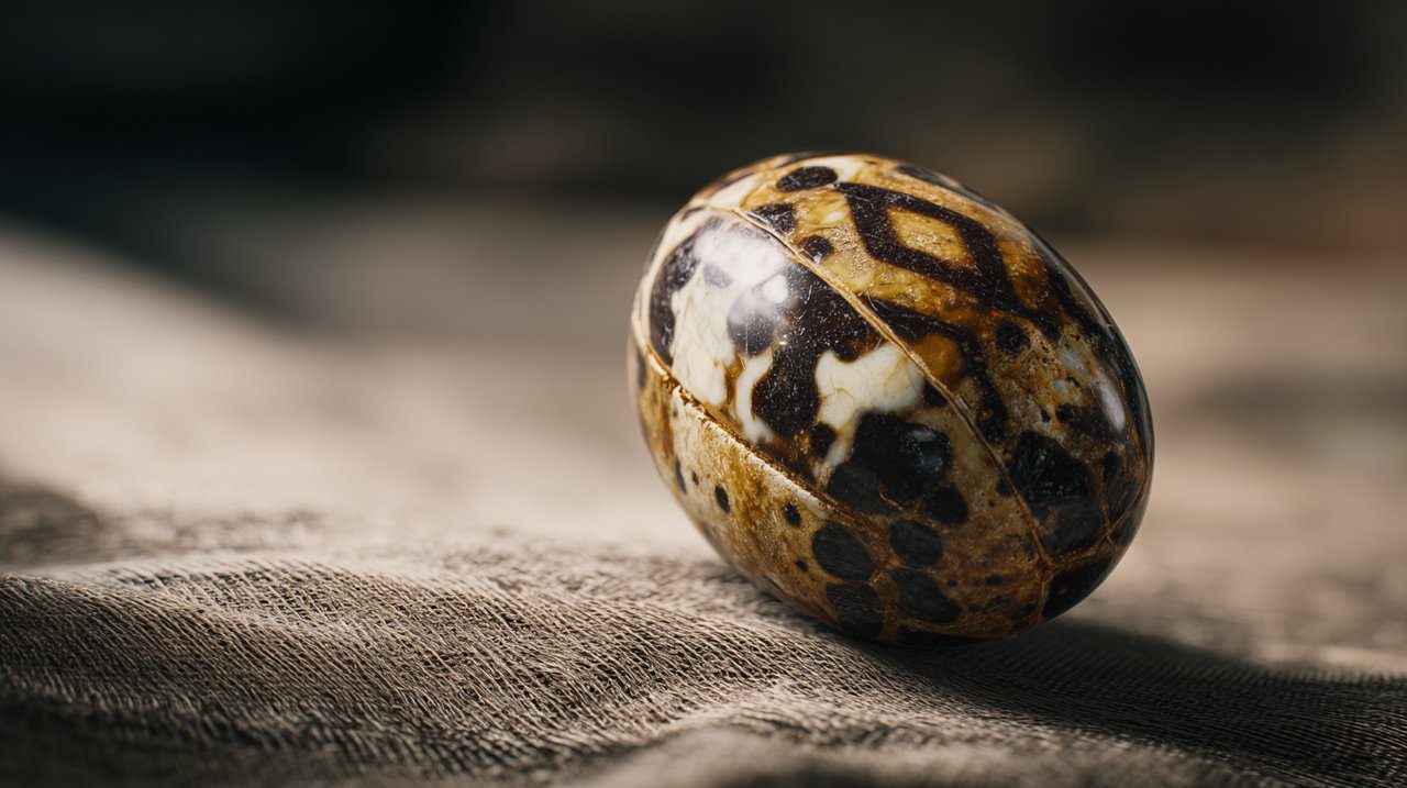 A close-up of a detailed Tibetan Dzi bead, showcasing its ancient patterns and texture.