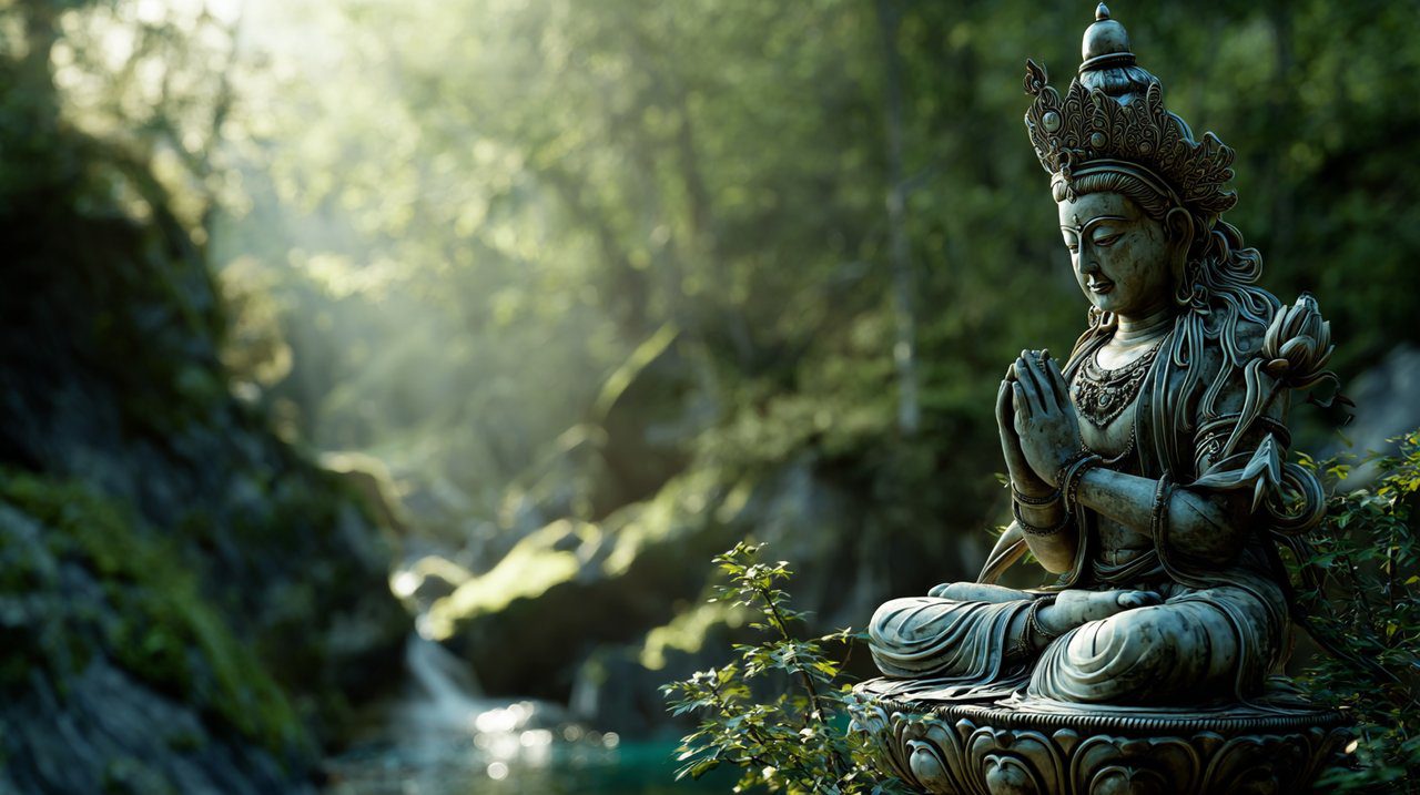Photorealistic image of Chenrezig, Bodhisattva of Compassion, in a serene natural setting.