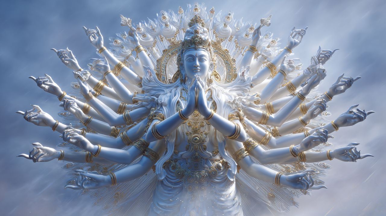 Photorealistic image of multi-armed Chenrezig, symbolizing boundless reach.