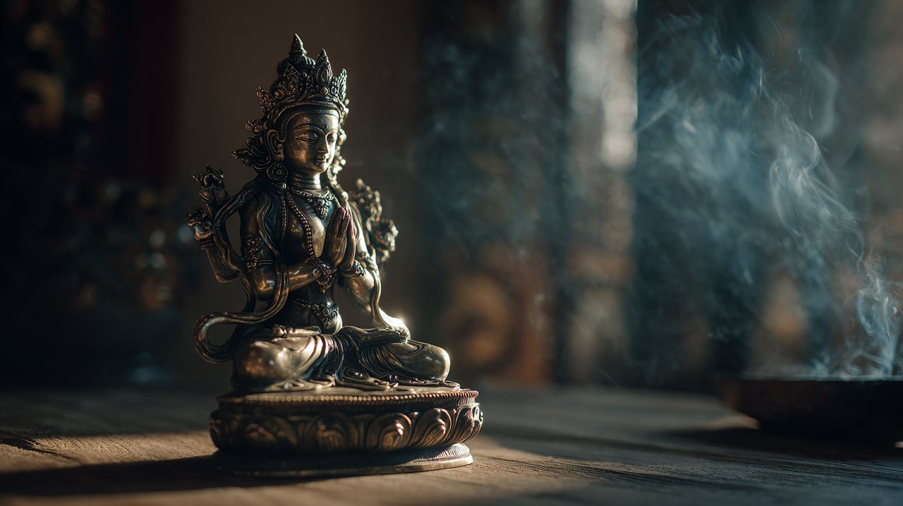 Photorealistic image of a serene Chenrezig statue in a peaceful meditation space.