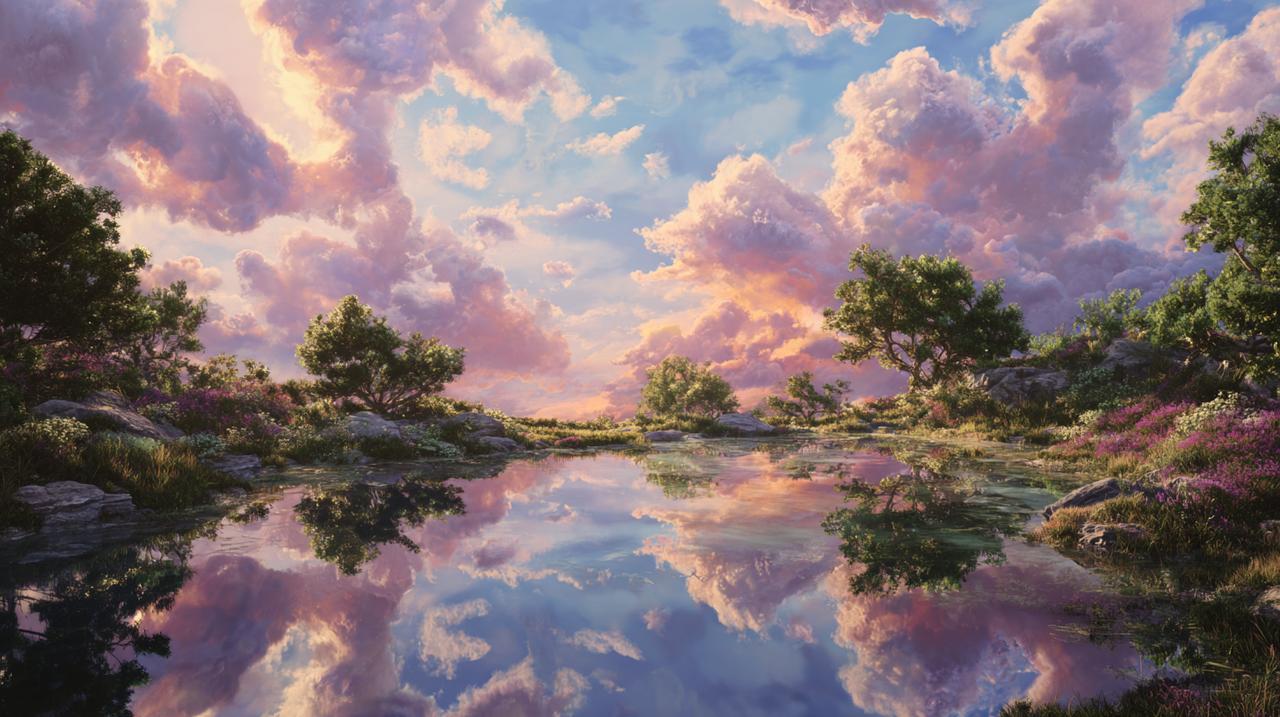 Lagoa calma a refletir o céu, simbolizando a autorreflexão
