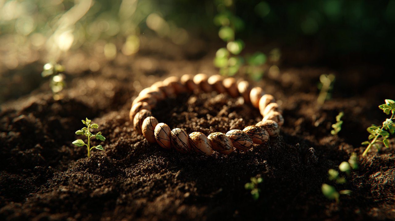 Coffee bean bracelet amidst sprouting plants and rich soil, symbolizing growth.
