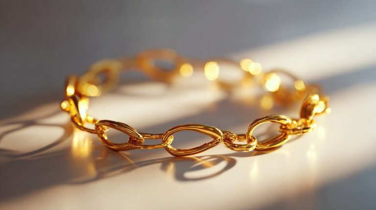 Elegant gold coffee bean bracelet on a minimalist background.