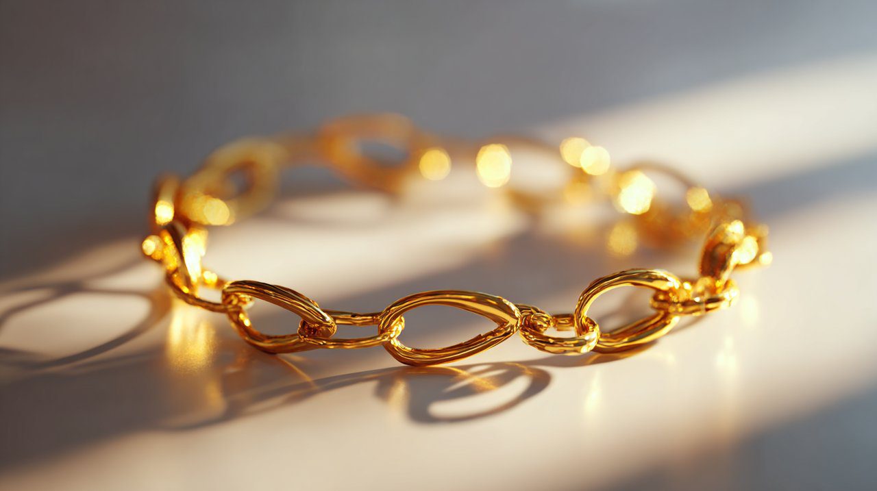 Elegant gold coffee bean bracelet on a minimalist background.