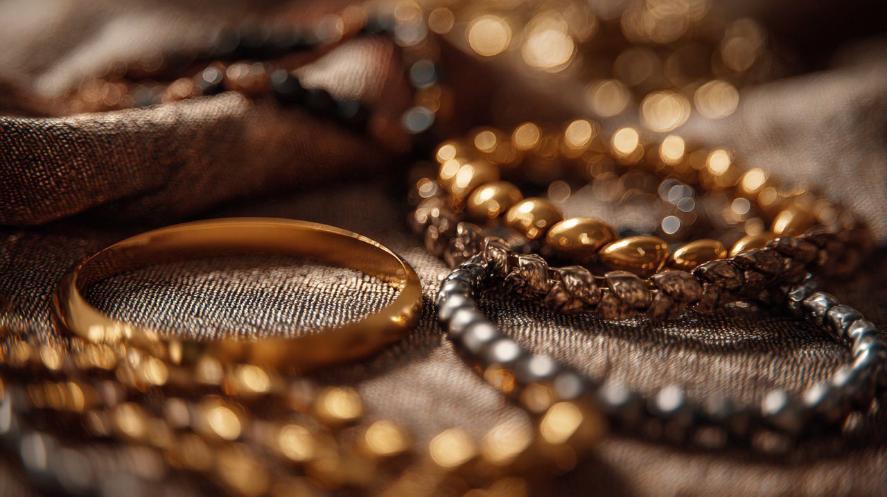 Assortment of gold and silver coffee bean bracelets on a luxurious display.
