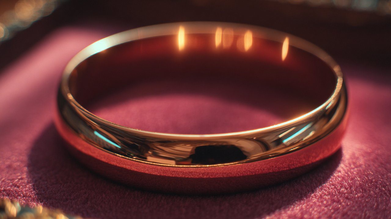 Close-up of a brilliantly polished copper bracelet on a velvet cloth in a jewelry box