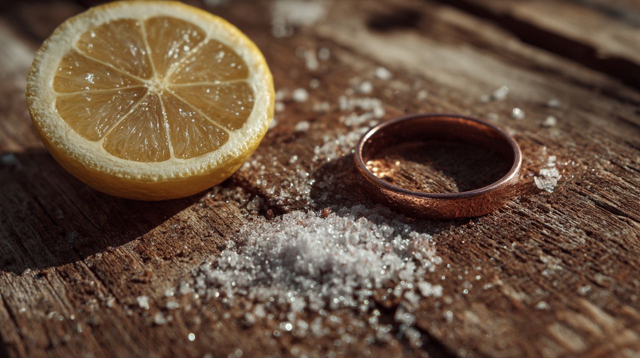 Photorealistic flat lay of lemon and salt next to a tarnished copper ring