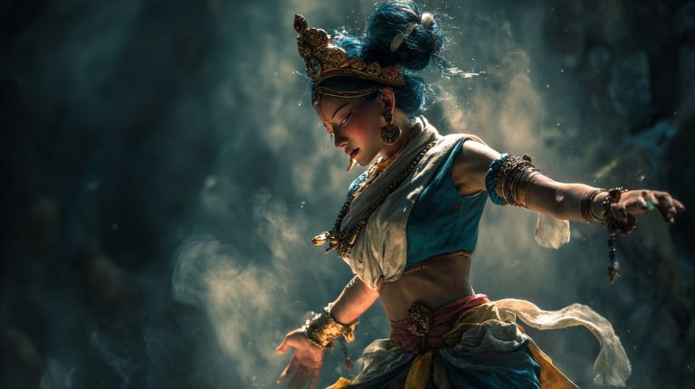 Photorealistic image of a Dakini embodying fierce wisdom and dynamic compassion.