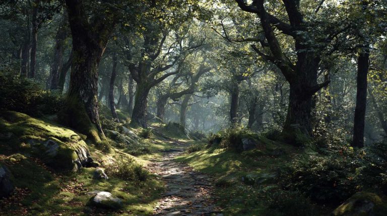 A serene forest path with soft light filtering through trees, symbolizing nature's gentle rhythm.