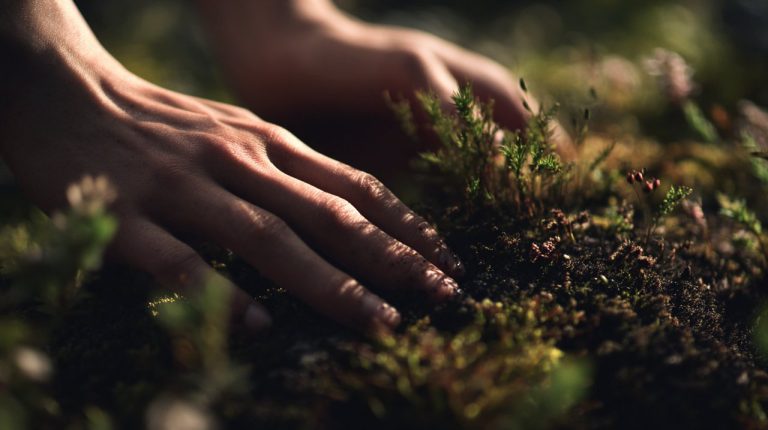 Photorealistic image of hands gently touching the earth in a serene natural setting.