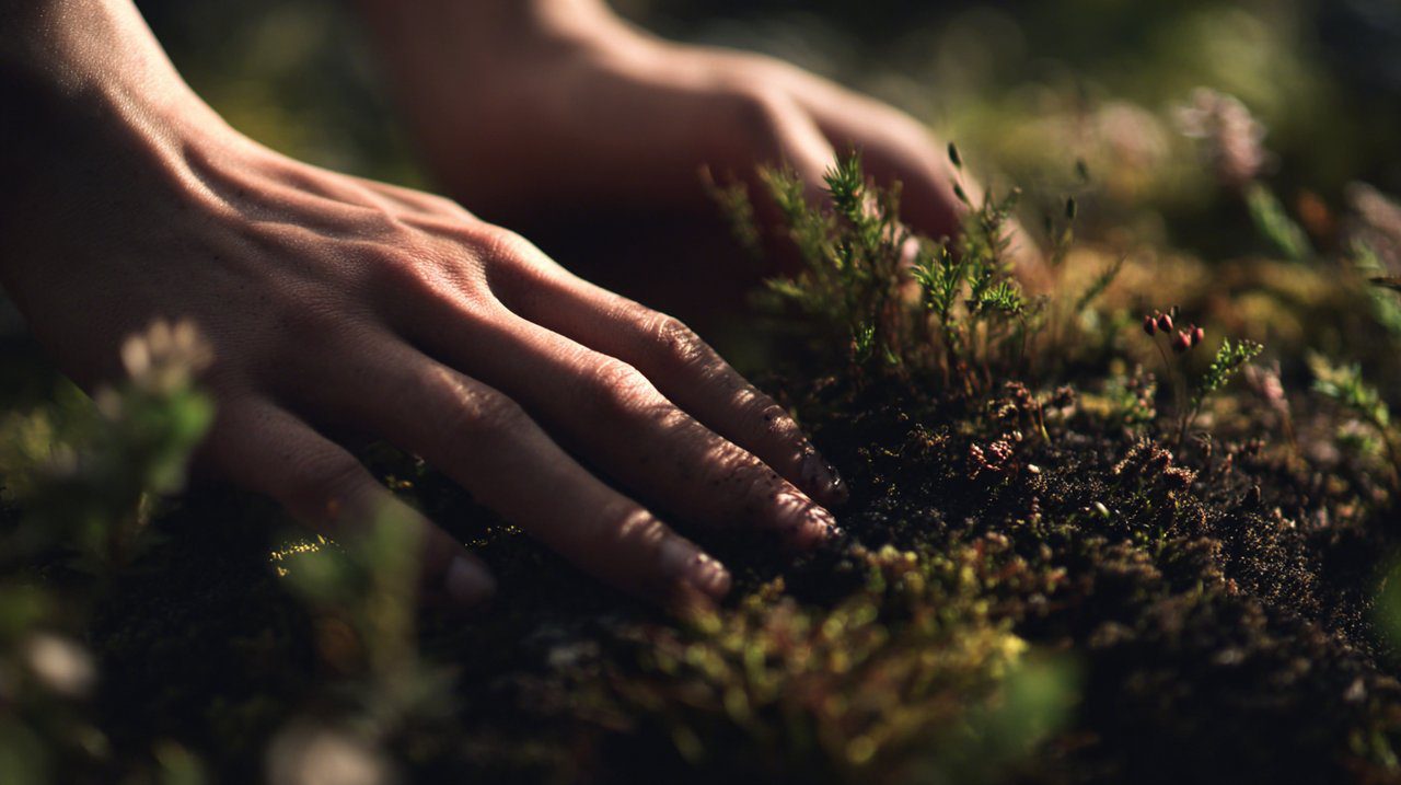 Photorealistic image of hands gently touching the earth in a serene natural setting.