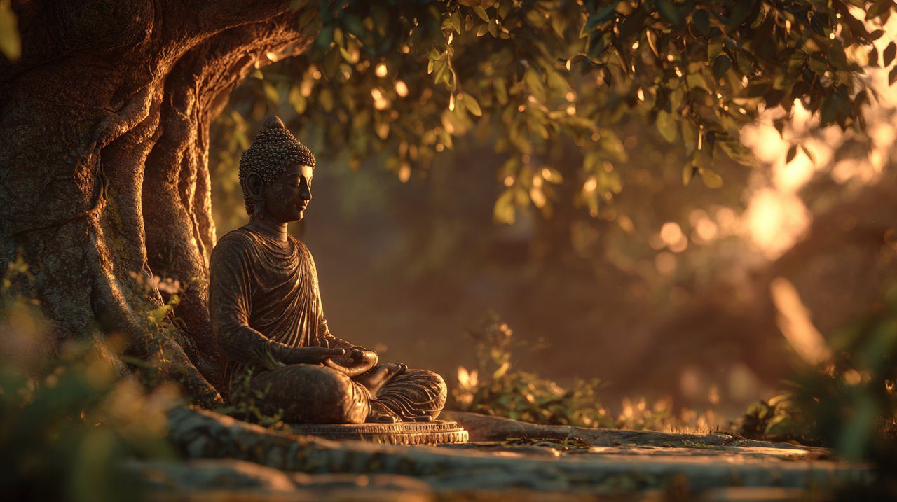 Photorealistic image of Buddha in Bhumisparsha Mudra under Bodhi tree.