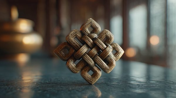 A photorealistic image of an intricate Buddhist Eternal Knot.