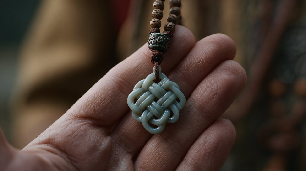Close-up of a hand holding an Eternal Knot pendant with mala beads.