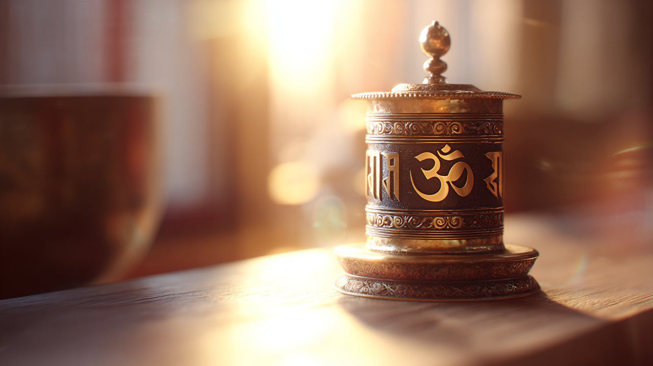 Tibetan prayer wheel with Om symbol