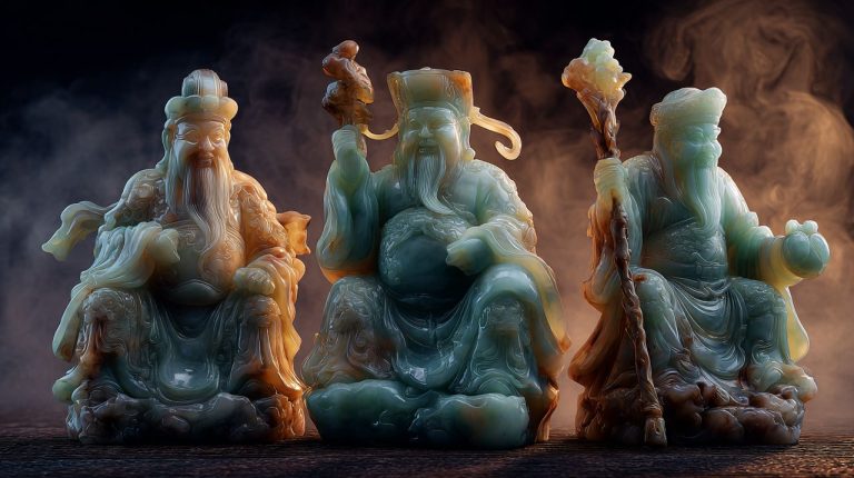 Three intricately carved jade statues representing Fu, Lu, and Shou.