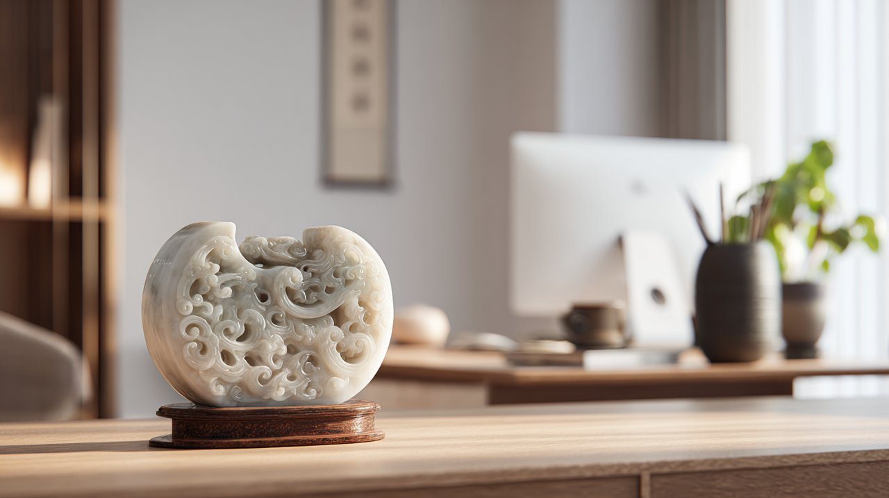 Fu Lu Shou jade displayed in a modern, harmonious home setting.