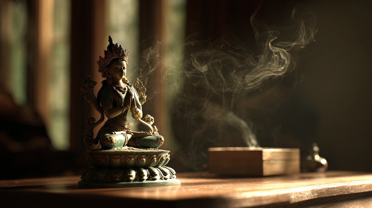 Standing Green Tara Statue on Meditation Altar