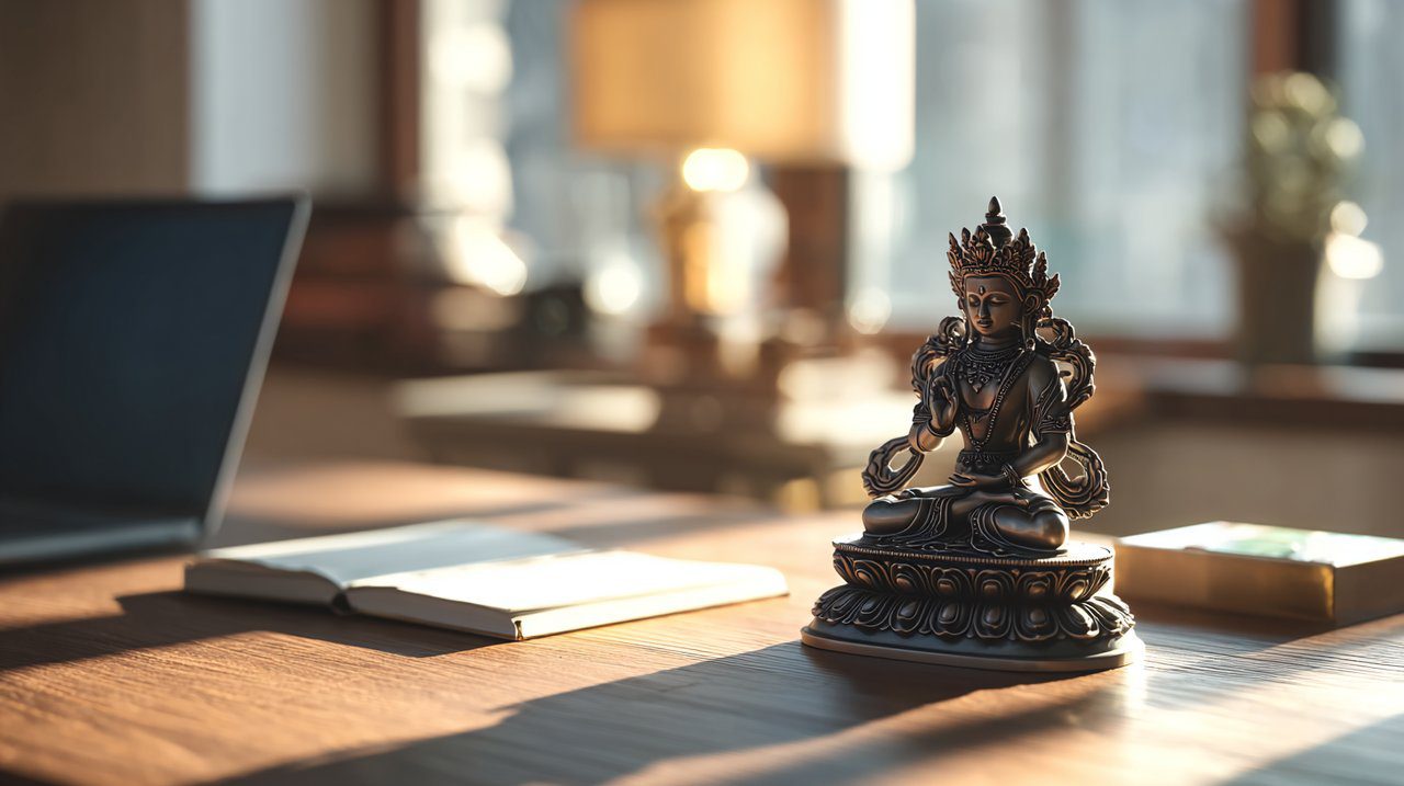 Green Tara statue inspiring focus in a modern workspace