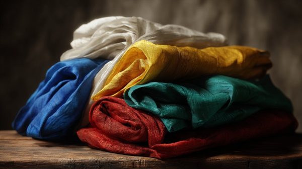 Collection of colorful Tibetan Khatas with symbolic meaning.