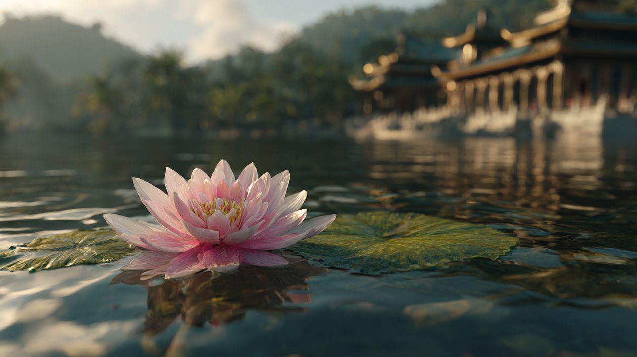 A magnificent fully bloomed pink lotus flower floating on calm, clear water with a serene temple backdrop.