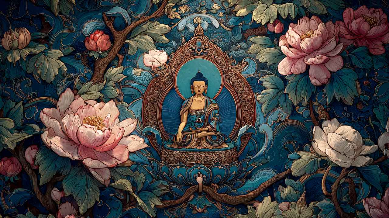 An intricate thangka painting depicting a Buddha figure seated on a lotus throne, surrounded by other sacred flowers.
