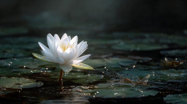A pristine white lotus flower emerging perfectly clean from dark, murky pond water.