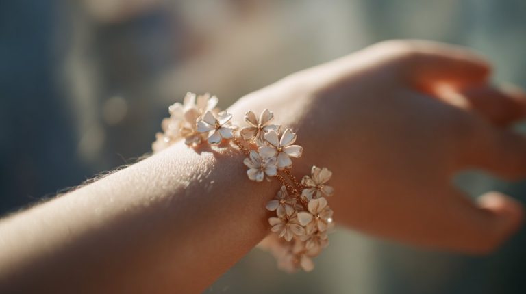 A delicate flower bracelet on a wrist.